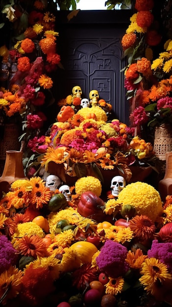 Photo un sanctuaire avec un bouquet de fleurs et de crânes