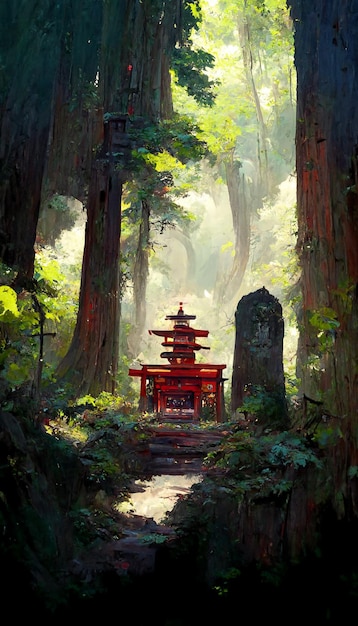 Sanctuaire japonais dans l'illustration 3D de la forêt