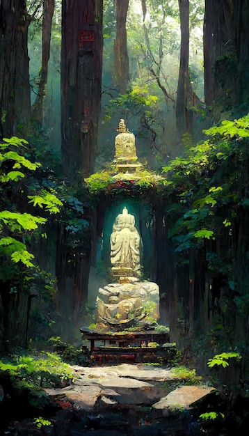 Sanctuaire japonais dans l'illustration 3D de la statue de Bouddha en pierre de la forêt