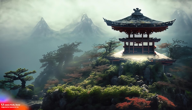 Sanctuaire de style japonais au sommet d'une montagne envahie par la brume