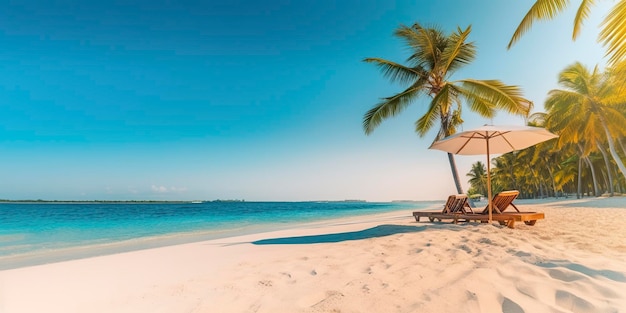 Sand blanc et plante de noix de coco Voyage tourisme large panorama concept de fond IA générative