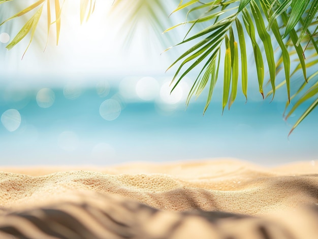 Sand avec palmier flou et plage tropicale à l'arrière-plan bokeh vacances d'été et concept de voyage Copier l'espace