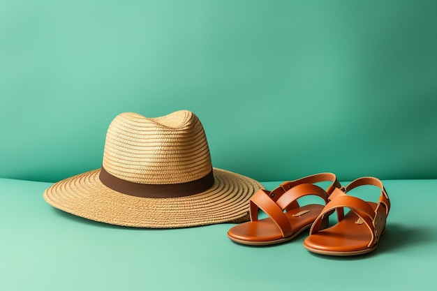 Photo des sandales et un chapeau sur un fond turquoise