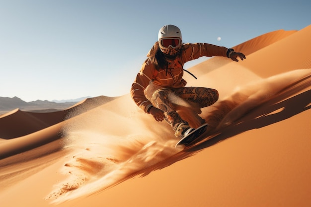 Sandboarding safari dans le désert Sandboard Sandboarding Garçon ou fille dans les dunes avec liberté d'énergie et adre