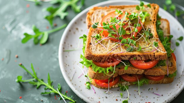 Sandwich alimentaire avec des tomates, des pousses de laitue ou du mocrogreen sur une assiette.