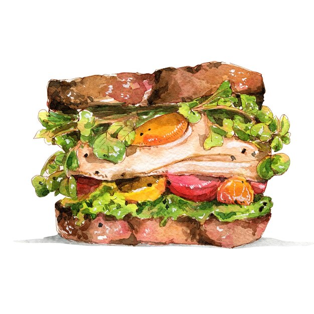 Sandwich appétissant gastronomique à l'aquarelle dessiné à la main Idéal pour décorer les menus des cafés et des restaurants