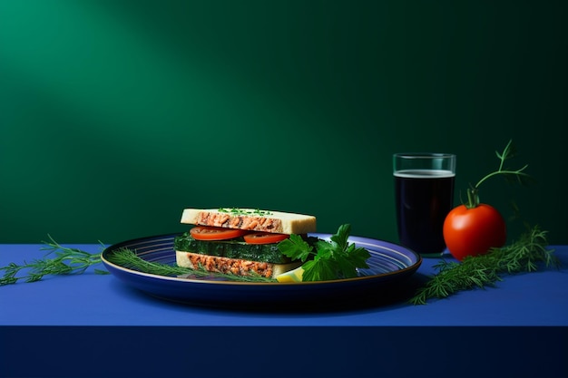 Sandwich sur une assiette avec des tomates et des herbes