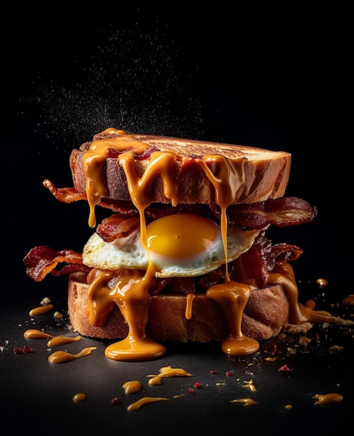 Un sandwich au bacon suspendu dans l'air avec des œufs et du pain.