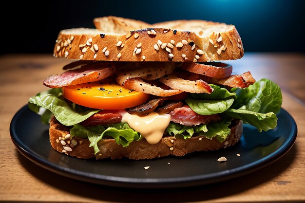 Un sandwich au bacon et à la tomate sur une assiette