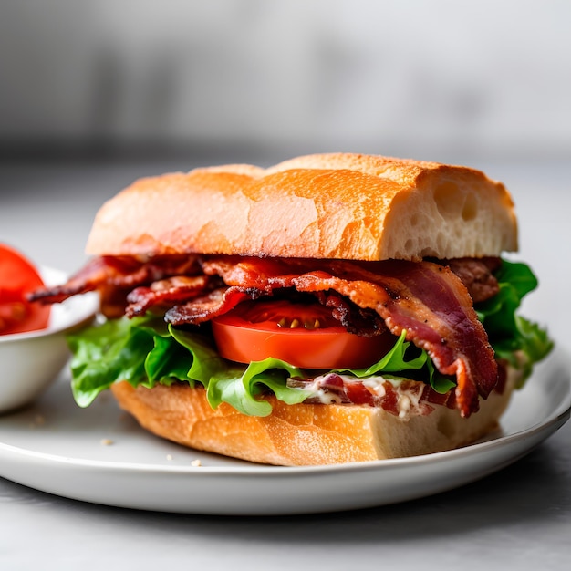 Un sandwich au bacon et à la tomate sur une assiette