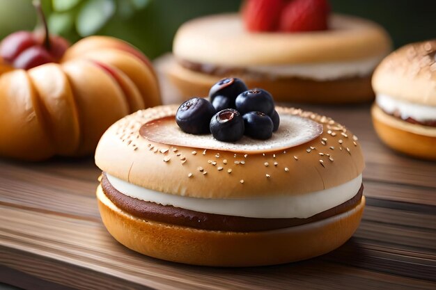 Un sandwich au bagel avec des myrtilles sur le dessus est posé sur une table.