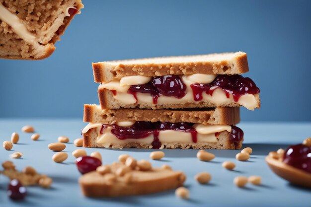 Sandwich au beurre d'arachide et à la gelée sur fond bleu clair