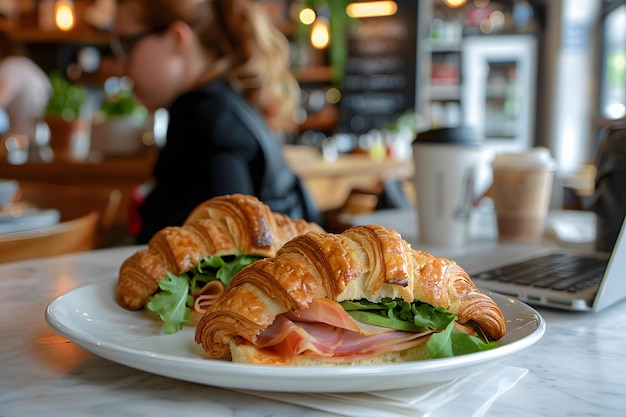 Sandwich au croissant avec du jambon et de la ragoule sur une table en bois