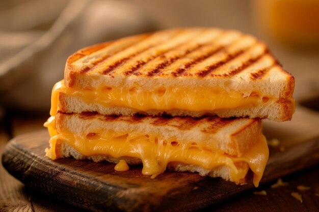 sandwich au fromage chaud grillé à l'eau à la bouche sur une planche de bois rustique IA générative