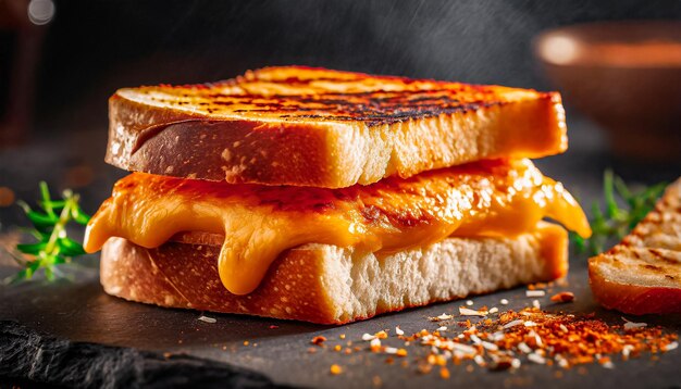 Photo un sandwich au fromage grillé, du fromage fondant, prise de vue rapprochée.