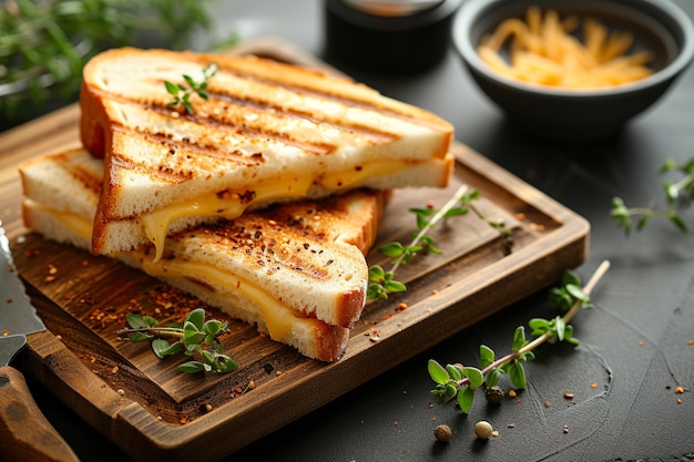 sandwich au fromage grillé sur une planche de bois avec un côté d'herbes