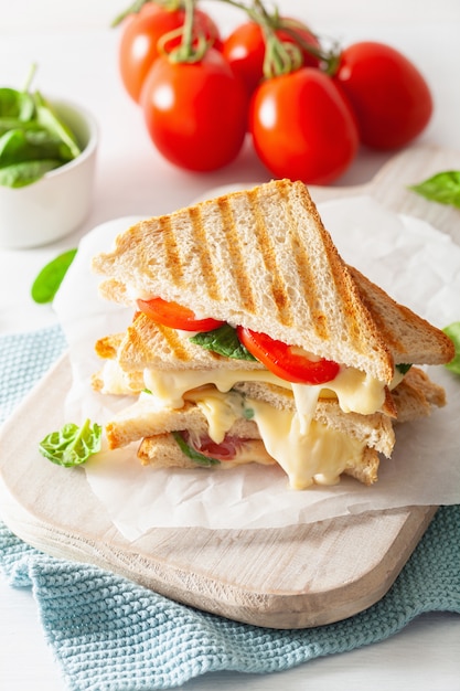 Sandwich au fromage grillé et tomate sur fond blanc