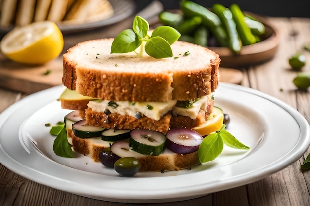 Un sandwich au fromage et légumes sur une assiette.