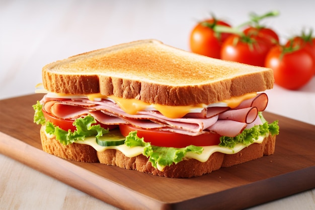 Un sandwich au jambon, au fromage et aux légumes isolé sur un fond immaculé