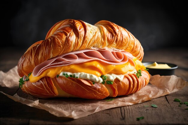 Sandwich au jambon et au fromage sur pain croissant Savoureux sandwich au croissant généré par l'IA