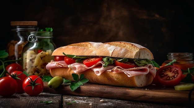 Un sandwich au jambon et aux olives sur une table en bois