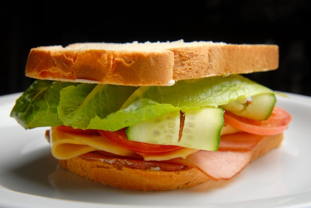 Sandwich au jambon, fromage, légumes et salade