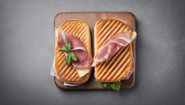 Sandwich au panini grillé avec du jambon et du fromage au fond gris