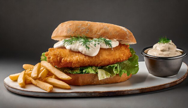 Photo sandwich au poisson au pain avec sauce tartare et frites