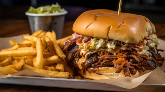 Un sandwich au porc effiloché avec des frites et une salade de chou