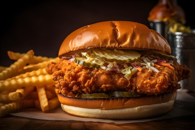 Un sandwich au poulet accompagné de frites