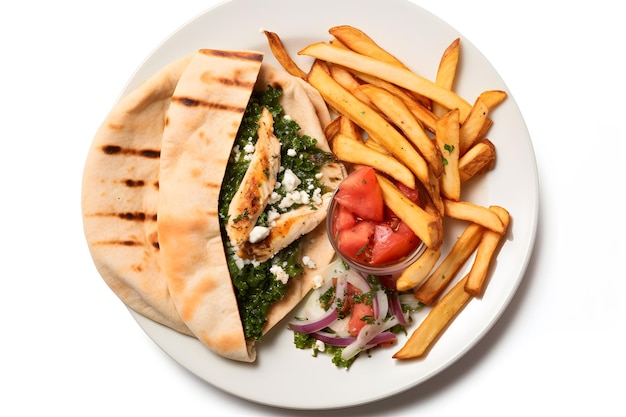 Sandwich au poulet Pita avec frites et fromage feta avec Lacinato Kale Tomate à l'oignon rouge dans le pain Pita