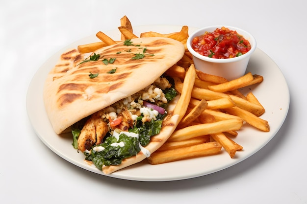 Sandwich au poulet Pita avec frites et fromage feta avec Lacinato Kale Tomate à l'oignon rouge dans le pain Pita