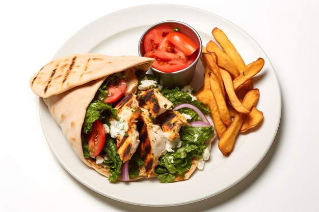 Sandwich au poulet Pita avec frites et fromage feta avec Lacinato Kale Tomate à l'oignon rouge dans le pain Pita