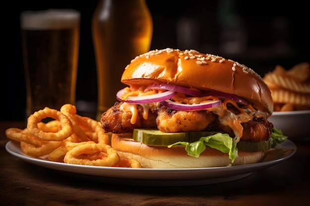 Un sandwich au poulet avec des rondelles d'oignon et un verre de bière