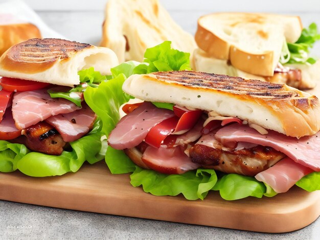 Photo sandwich au prosciutto de porc grillé sur ciabatta avec salade fraîche ai générée