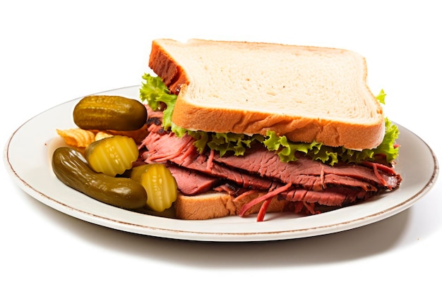 sandwich au rôti de bœuf avec cornichons sur une assiette et fond blanc