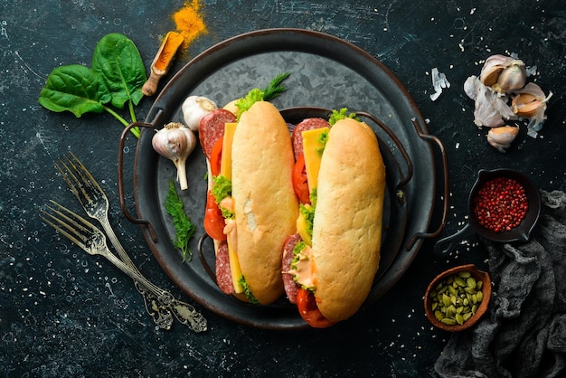 Photo sandwich au salami tomates et fromage cuisine de rue vue de dessus espace de copie gratuit