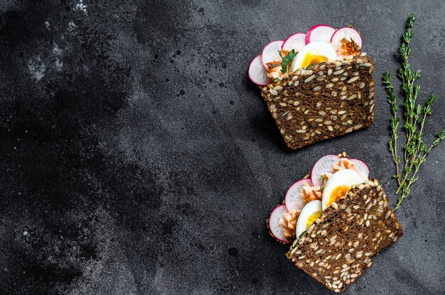 Sandwich au saumon fumé chaud et pain aux céréales. truite., vue de dessus