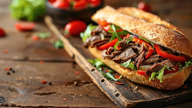 Sandwich au steak gourmet avec des légumes frais sur une planche de bois rustique
