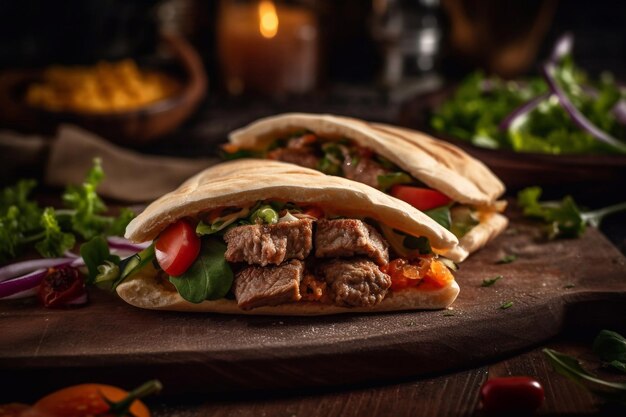 Un sandwich au steak avec des légumes sur une planche de bois