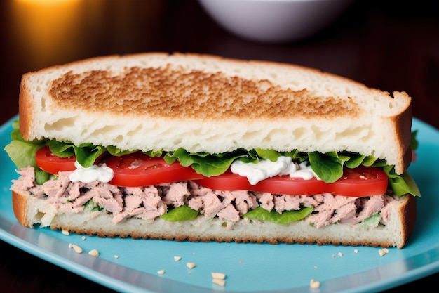 Un sandwich au thon avec laitue, tomate et concombre sur une assiette bleue.