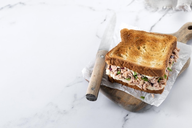 Sandwich au thon avec mayonnaise et légumes sur marbre blanc