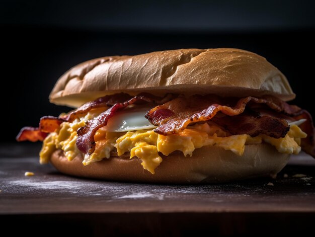 Un sandwich aux œufs de bacon sur une table en bois