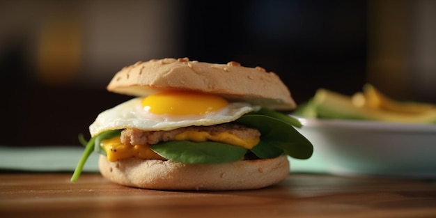 Sandwich à l'avocat, aux épinards et aux œufs frits sur un petit pain brioché frais