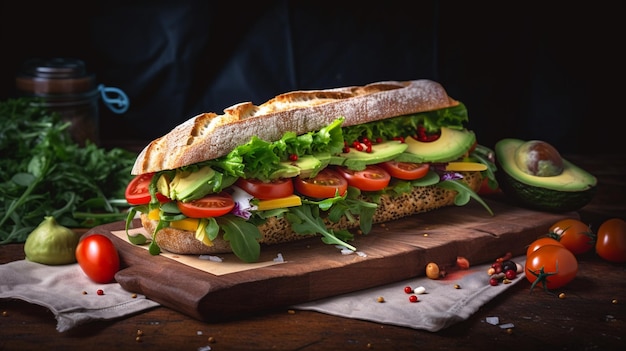 Un sandwich à l'avocat, à la tomate et à l'avocat sur une planche à découper en bois.