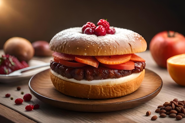 Un sandwich bagel avec une baie rouge sur le dessus