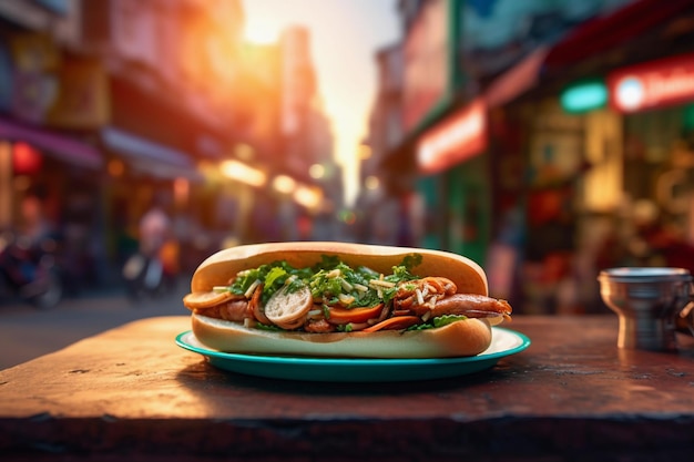 Sandwich banh mi vietnamien Hanoï rue en arrière-plan