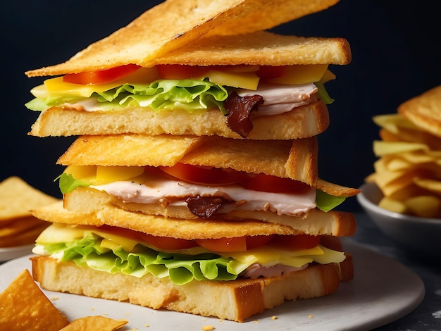 Un sandwich avec beaucoup de garnitures dessus et un tas de chips généré par l'IA