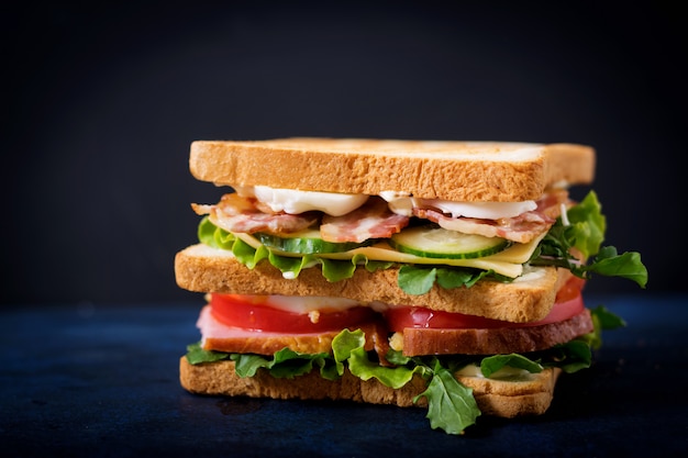 Sandwich Big Club avec jambon, bacon, tomate, concombre, fromage, œufs et herbes sur table sombre