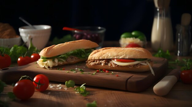 Un sandwich avec un bol de sauce tomate et un sandwich sur une planche à découper.